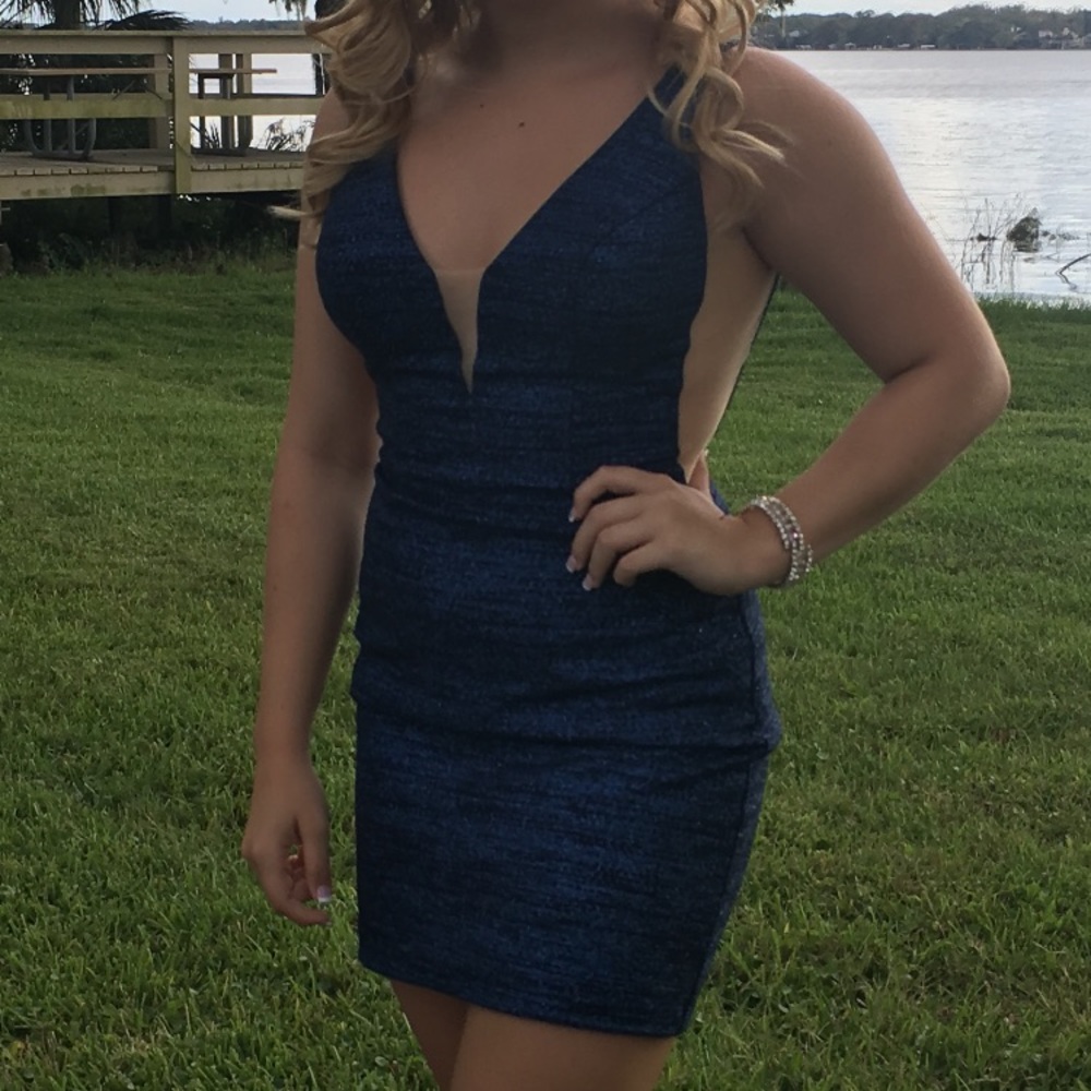 Jovani Navy Plunging Neckline Fitted Short Dress